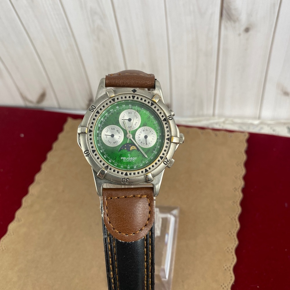 Stunning in Vintage Silver and Green Peugeot Moon Phase Unisex Watch